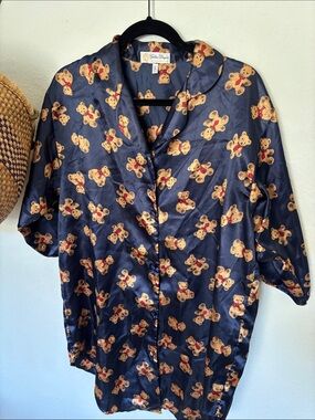 Silky Navy Teddy Bear Satin Pajama Top by